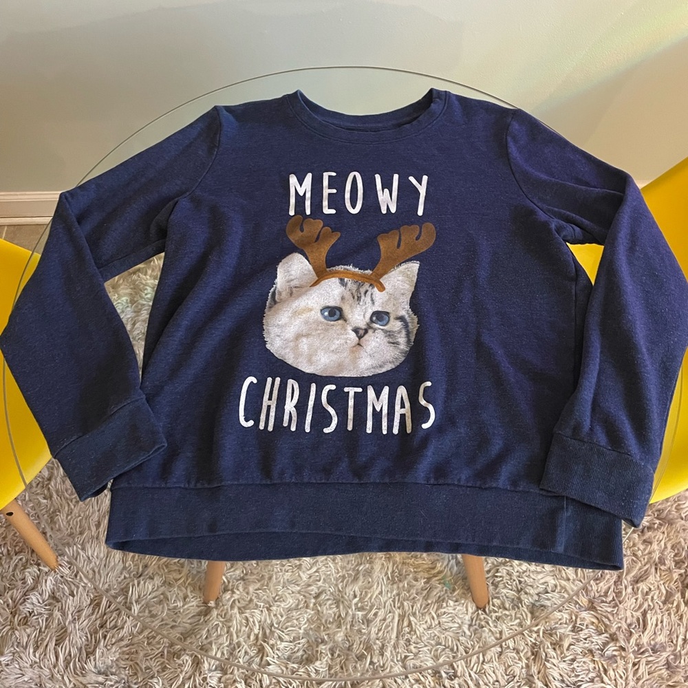 Heathered Navy Meowy x-mas sweater! Crew neck. Lightly worn